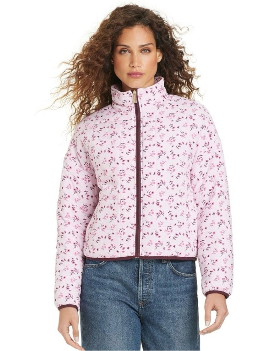 Draper James Quilted Jacket Pink Floral Zip Front Lightweight Size medium